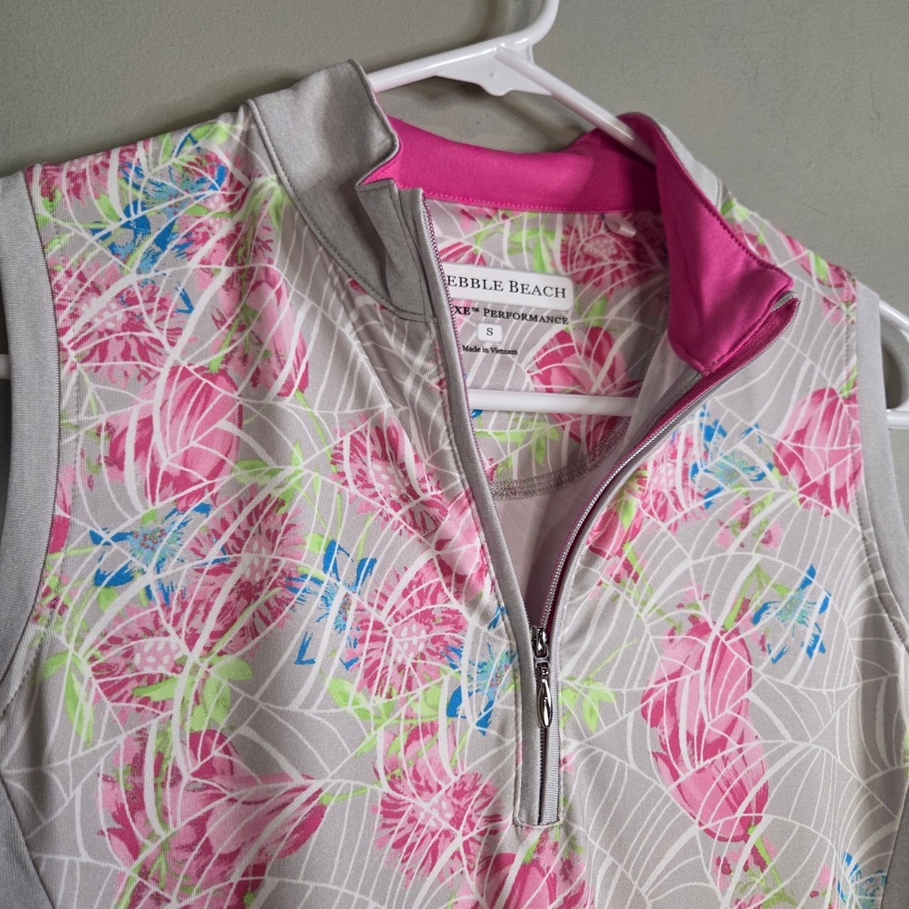 Pebble Beach Golf Dress Womens Small Pink Floral Performance Sleeveless 1/4 Zip